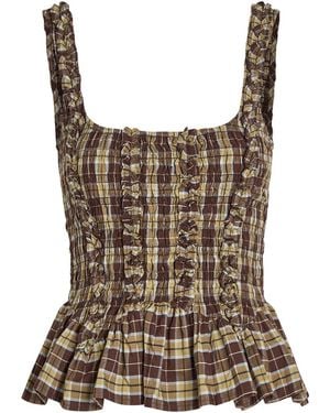 Damson Madder Raphi Checked Shirred Cotton-Poplin Cami Top - Brown