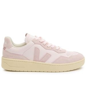 Veja V-90 Panelled Grained Leather Trainers - Pink