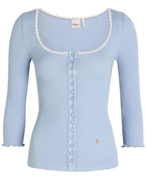 Chloé Ribbed-Knit Cotton Cardigan - Blue