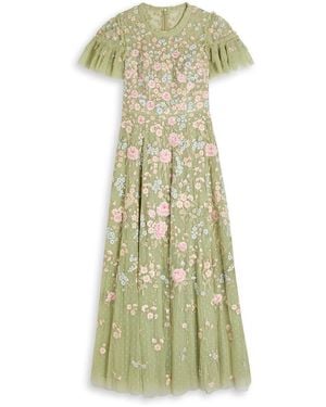 Needle & Thread Antoinettes Floral-Embroidered Tulle Gown - Green