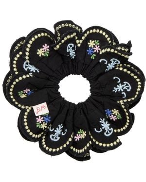 Damson Madder Floral-Embroidered Cotton Scrunchie - Black