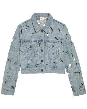 Alice + Olivia Chloe Embroidered Cut-Out Denim Cropped Jacket - Blue