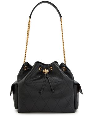 Tory Burch Charlie Drawstring Grained Leather Shoulder Bag - Black
