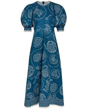 ALÉMAIS Lucky Printed Linen Midi Dress - Blue