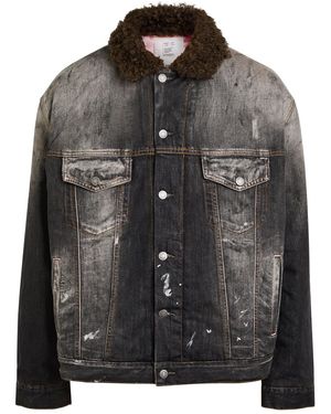 Acne Studios Washed Paint Splattered Faux Shearling Denim Jacket - Black