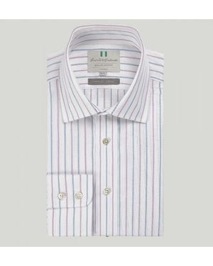 Harvie & Hudson Blue And Lilac Stripe Button Cuff Classic Fit Shirt - White