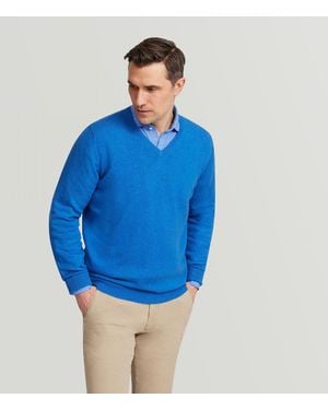 Harvie & Hudson Bright Blue Cotton Cashmere V Neck Jumper