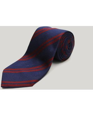 Harvie & Hudson Navy With Burgundy Double Stripe Woven Silk Tie - Blue