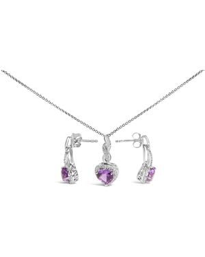 Haus of Brilliance 925 Sterling Heart Shape Amethyst And Sapphire Halo Earring Necklace Set - Metallic
