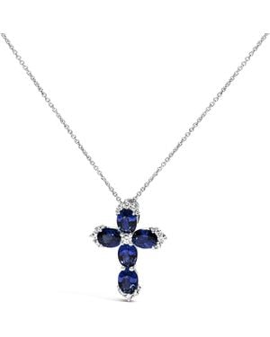 Haus of Brilliance 18K 3X4 Mm Oval Sapphire And Diamond Cross Pendant Necklace - Blue