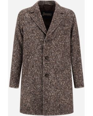 Herno Alpaca, Wool Herringbone And Suede Effect Coat - Brown