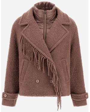 Herno Teddy Peacoat With Fringes And Nylon Ultralight - Brown