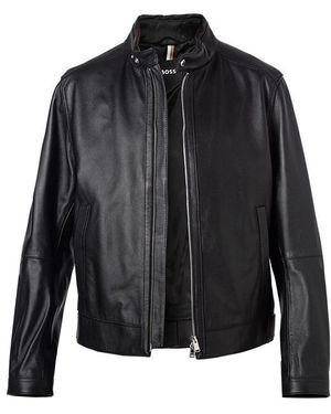 BOSS Herren Lederjacke Unifarben - Schwarz