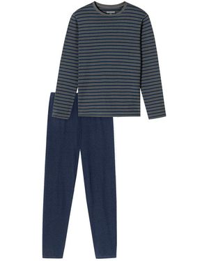 Schiesser Herren Pyjama Blau,Grau Reine Baumwolle Gestreift
