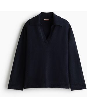 H&M Fijngebreide Trui Met Kraag - Blauw