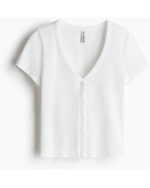 H&M Geripptes T-Shirt mit Knopfleiste - Weiß