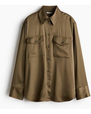 H&M Oversized Overhemdblouse Van Satijn - Groen