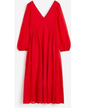 H&M Kleid mit V-Neck und Ballonärmeln - Rot