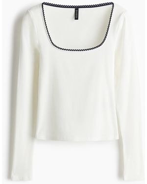 H&M Geribde Top Met Picotrandjes - Wit