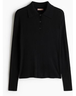 H&M Ribgebreid Poloshirt - Zwart