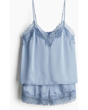 H&M Nachtwäsche aus Satin mit Spitzenbesatz - Blau