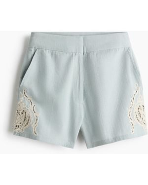 H&M Short Van Linnenmix Met Broderie Anglaise - Blauw