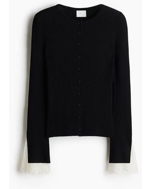 H&M Gerippter Cardigan mit Spitzenbesatz - Schwarz