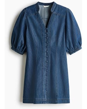 H&M Denim Jurk Met Pofmouwen - Blauw