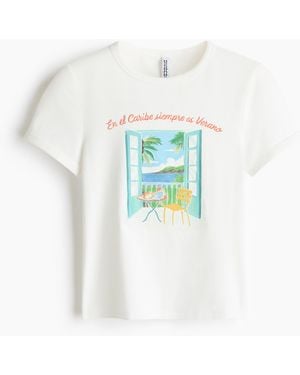 H&M Nauwsluitend Katoenen T-shirt - Blauw