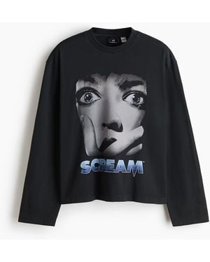 H&M Kastiges bedrucktes Baumwollshirt in Regular Fit - Schwarz