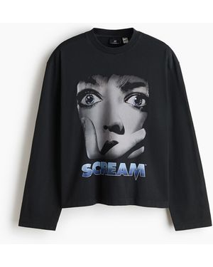 H&M Kastiges bedrucktes Baumwollshirt in Regular Fit - Schwarz