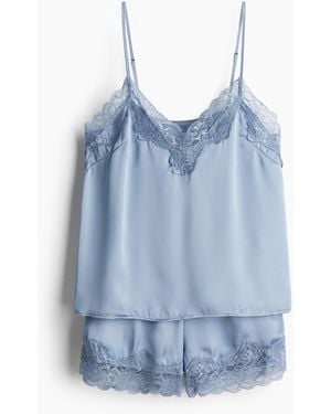 H&M Nachtwäsche aus Satin mit Spitzenbesatz - Blau