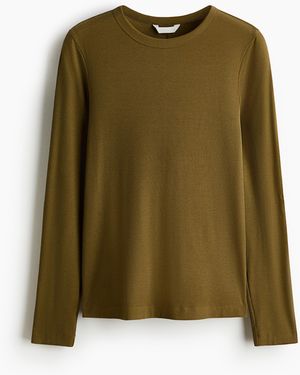 H&M Geribde Top Met Lange Mouwen - Groen