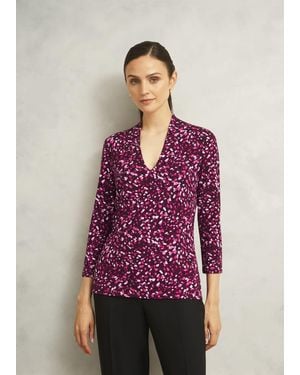 Hobbs Burgundy Aimee Printed V Neck 3/4 Sleeve Top - Purple