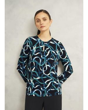 Hobbs Julia Ribbon Printed Key Hole 3/4 Sleeve Top - Blue