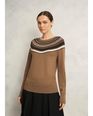 Hobbs Camel Greta Wool Blend Fairisle Crew Neck Knitted Jumper - Natural