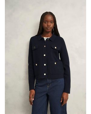 Hobbs Christa Cotton Pocket Detail Collared Knitted Jacket - Blue