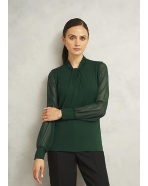 Hobbs Ashley Twist Neck Sheer Long Sleeve Top - Green