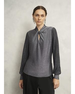 Hobbs Metallic Ashley Pleat Sleeve Twist Neck Top - Grey