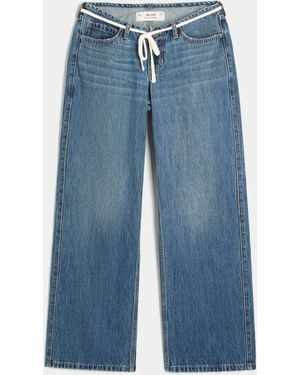 Hollister Ultra Low-rise Mini Waistband Dark Wash Tie Waist Baggy Jeans - Blue