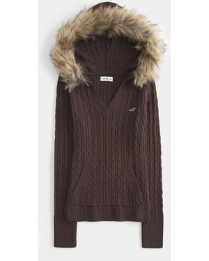 Hollister Faux Fur Trim Hooded Cable-knit Jumper - Brown