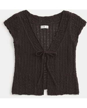 Hollister Short-sleeve Tie Front Open-stitch Cardigan - Black