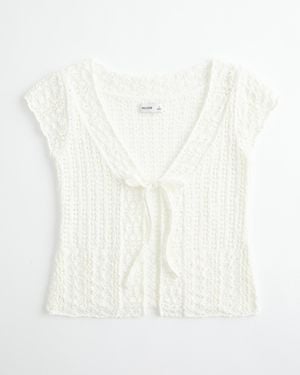 Hollister Short-sleeve Tie Front Open-stitch Cardigan - White
