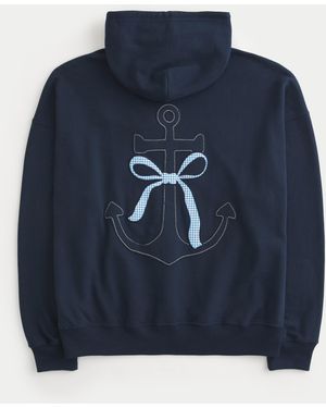 Hollister Oversized Bow & Anchor Graphic Hoodie - Blue