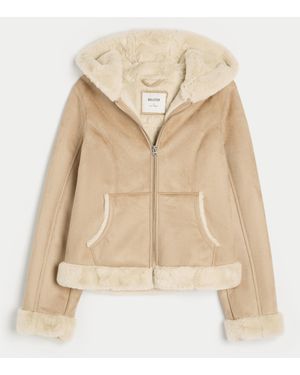 Hollister Faux Fur-lined Faux Shearling Hoodie Jacket - Natural
