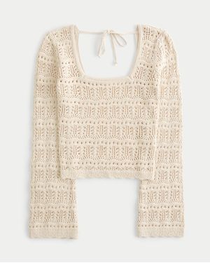 Hollister Long-sleeve Square-neck Crochet-style Jumper - Natural