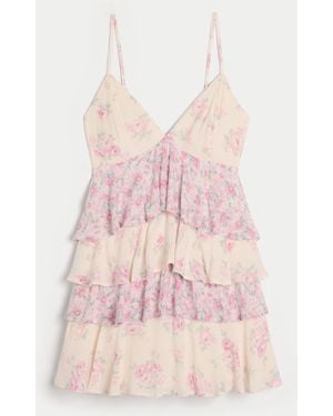 Hollister V-neck Ruffled Tier Babydoll Mini Dress - Pink