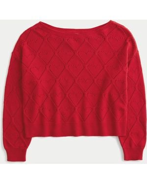 Hollister Easy Heart Pattern Off-the-shoulder Jumper - Red