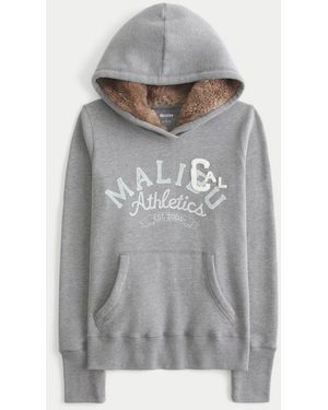 Hollister Faux Fur-lined Hood Graphic Hoodie - Grey