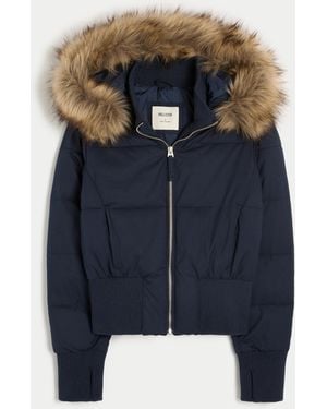 Hollister Faux Fur Trim Puffer Bomber Jacket - Blue